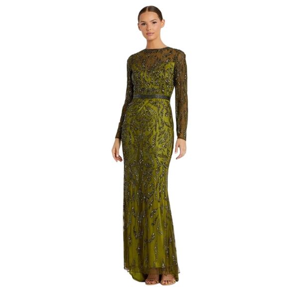 MAC DUGGAL Dress Size 4 Evening Gown Sequin Olive Green Beaded Long Sleeve - Picture 1 of 7